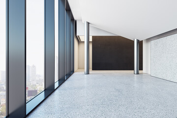 Aufkleber - New hallway interior with window and city view, columns, blank mock up place and daylight. 3D Rendering.
