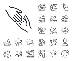 Wall Mural - Give gesture sign. Specialist, doctor and job competition outline icons. Helping hand line icon. Charity palm symbol. Helping hand line sign. Avatar placeholder, spy headshot icon. Vector