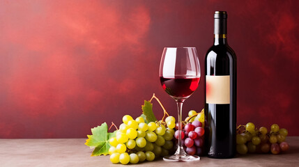 copy space, stockphoto, National Wine Day greeting card, grapes fruit with a glass of wine and a bottle. Glass filles with wine, some grapes and a winebottle.