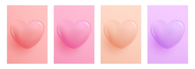 Poster - 3d glossy hearts. Set of soft color gradient backgrounds with 3d heart shapes for wedding invitations and Happy Valentine's Day holiday greetings. Love symbol collection. Vector illustration.