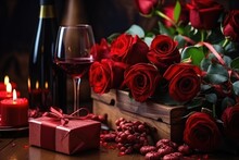 Romantic Valentine's Day Dinner. Wine, Red Roses, Gift And Two Glasses Close-up On A Wooden Surface