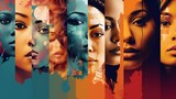 Fototapeta  - Collage woman art design. Diverse woman portraits separated by bold colors.