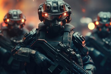 Wall Mural - Futuristic Army soldier in Combat Uniforms with assault rifle, plate carrier and combat helmet, Special forces ready to fight Ai generated
