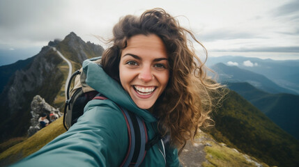 Young hiker beauty woman having fun taking selfie portrait on the top of mountain