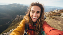 Young Hiker Beauty Woman Having Fun Taking Selfie Portrait On The Top Of Mountain