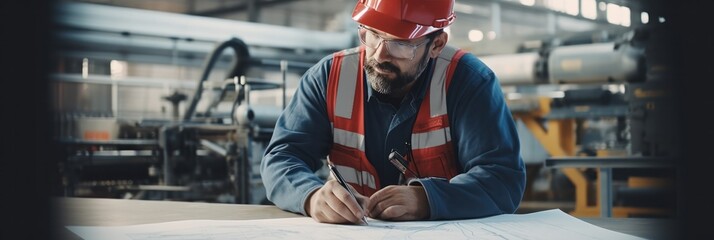 Aufkleber - Concentrated engineer in hard hat reviewing technical plans in an industrial manufacturing workshop