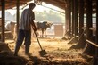 Worker sweeping hay in a sunlit cowshed, with dairy cows in the background