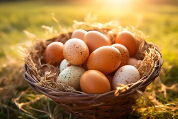 Poster - Basket of speckled fresh farm organic eggs nestled in hay, glowing in the warm sunset light