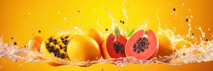 Aufkleber - Dynamic splash of water amidst tropical fruit, with oranges and papaya against a sunny backdrop