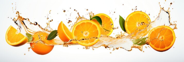Aufkleber - Sliced oranges with a vivid splash of juice, showcasing freshness and vitality on white backdrop