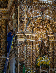 Unseen Worker on Ladder Against Ornate Church Wall