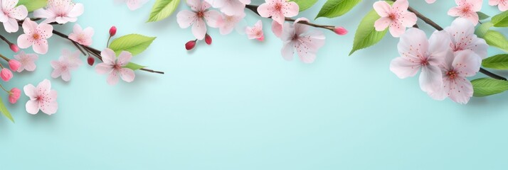 Poster - Pink cherry blossoms arranged on a blue background, ideal for spring-themed designs