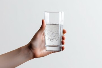 Aufkleber - Human hand holding clear glass filled with sparkling mineral water, on a white background