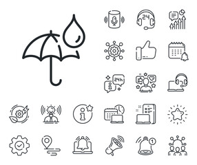 Poster - water resistant sign. place location, technology and smart speaker outline icons. waterproof umbrell