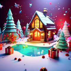  Enchanting Christmas Ambiance: Fantasy House with Festive Tree Decoration.