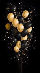 Wall Mural - Gold black balloons and confetti dark background. New Year's fun and festivities.