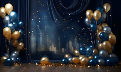 Wall Mural - Gold and blue balloons, fabric in the background, golden confetti.New Year's Eve bright background, banner with space for your own content.