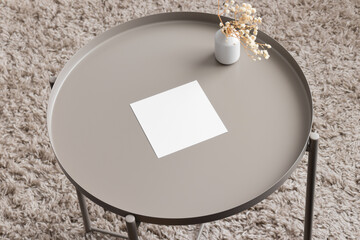 Sticker - Square invitation card mockup with a gypsophila on the beige table. 5x7 ratio, similar to A6, A5.