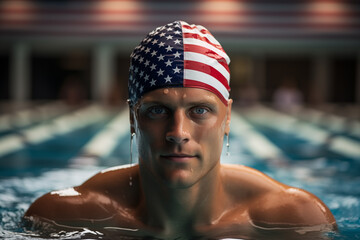 Retrato de un nadador profesional de raza blanca con un gorro con la bandera de Estados Unidos en una piscina olímpica.  Preparación para los Juegos Olímpicos.