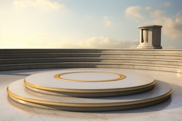 Poster - Conceptual 3D illustration of a round podium or pedestal with a golden circle on the background of the sky, 3D rendering of a podium platform, AI Generated