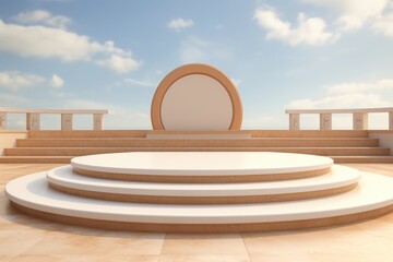 Poster - 3d render of round podium with blue sky and white clouds background, 3D rendering of a podium platform, AI Generated