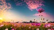 © ROKA Creative - Beautiful and amazing cosmos flower field landscape in sunset