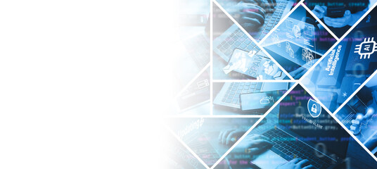 Digital technology banner with white background for copy space. Software development, data analysis, programming, cloud, internet and data exchange. Futuristic business technology concept.