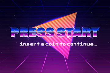 Aufkleber - PRESS START INSERT A COIN TO CONTINUE .pixel art .8 bit game.retro game. for game assets in vector illustrations.Retro Futurism Sci-Fi Background. glowing neon grid.and stars from vintage arcade comp
