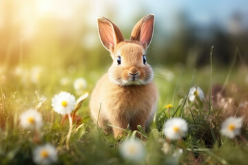 Wall Mural - Cute little bunny on grass field