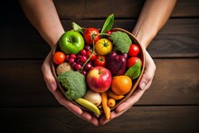 Nurturing Health And Wellness With A Heart-shaped Bowl Overflowing With A Vibrant Variety Of Fruits And Vegetables, Captured In A Moment Of Care And Abundant Nourishment
