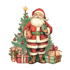 Sticker - detailed vintage old kawaii santa with gifts, snowman, full body, chiristmas tree, old color, in the style