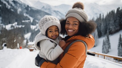 Happy, smiling, afro american family mother with daughter snowy mountains at ski resort, during vacation and winter holidays.