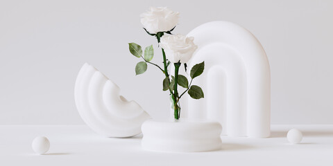 Aufkleber - White background with a geometric podium, white rose flowers, 3d rendering cosmetic product display mockup