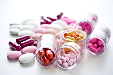 Wall Mural - Assorted medicine, including pills, capsules, and vitamins in glass jars for healthcare and treatment.