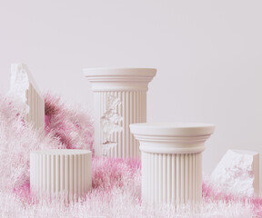 Poster - 3d rendering object placement mockup background. Antique columns among fantastic pink and white grass for product packaging presentation.