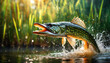 Extreme close-up of a beautiful pike fish jumping out of the water of a river or lake among the green reeds plant. Action shot with splashes and water drops. Generative Ai.