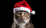 Fototapeta Koty - Cat wearing a Santa hat against a black simple background