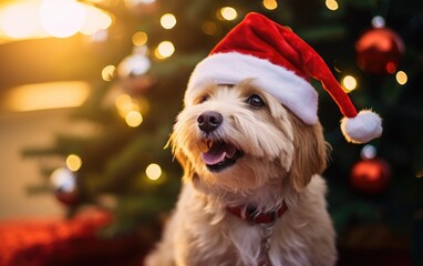  Cute dog wearing a Santa hat next to the decorated Christmas tree against a bright and festive holiday-themed background