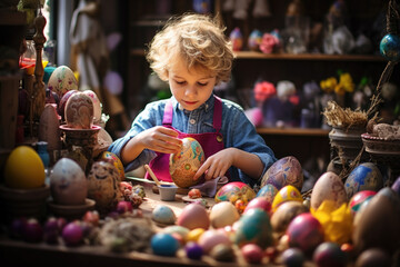 Wall Mural - Boy painting easter eggs at home