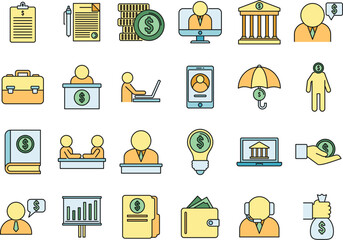 Poster - financial advisor bank icons set. outline set of financial advisor bank vector icons thin line color