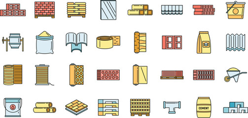 Sticker - Modern construction materials icons set. Outline set of modern construction materials vector icons thin line color flat on white