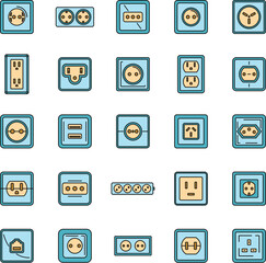 Poster - Electric power socket icons set. Outline set of electric power socket vector icons thin line color flat on white