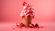 Sweet strawberry ice cream on a pink background