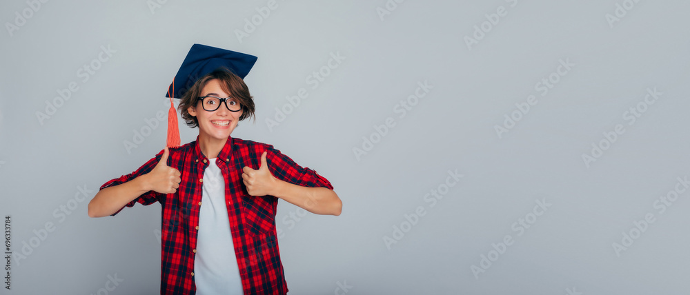 Banner portrait photo of happy smart university graduate in glasses and ...