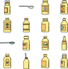 Sticker - Cough syrup bottle icons set. Outline set of cough syrup bottle vector icons thin line color flat on white