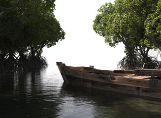 Poster - mangrove forest with small wooden boat 