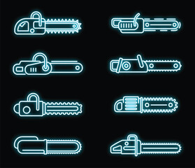 Poster - Modern chainsaw icons set. Outline set of modern chainsaw vector icons neon color on black