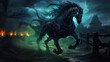 Horse running on a path in a dark forest. 3D rendering