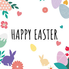 Happy Easter background with bunny, hearts, eggs and flowers white background. Easter design with bunny ears for poster, banner cards. Vector illustration