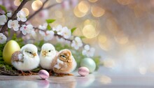 Easter Background In Shades Of Brown And Yellow With Chicks, Easter Eggs And Flower-covered Tree Branches

